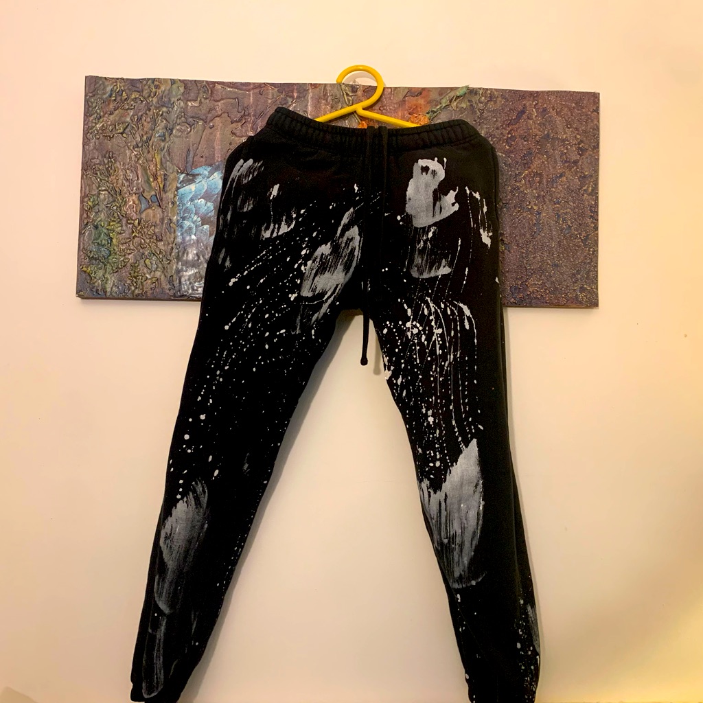 Mens Sweat Pants Black White Splatter. Size Small.